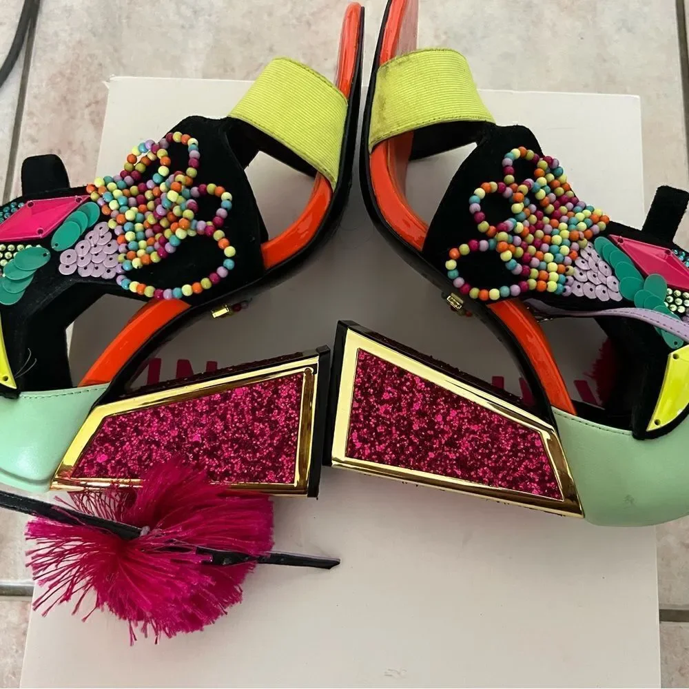 Kat Maconie aya Sandals Bird Parrot Beaded Glitter Heels Runway dressStone Shoes